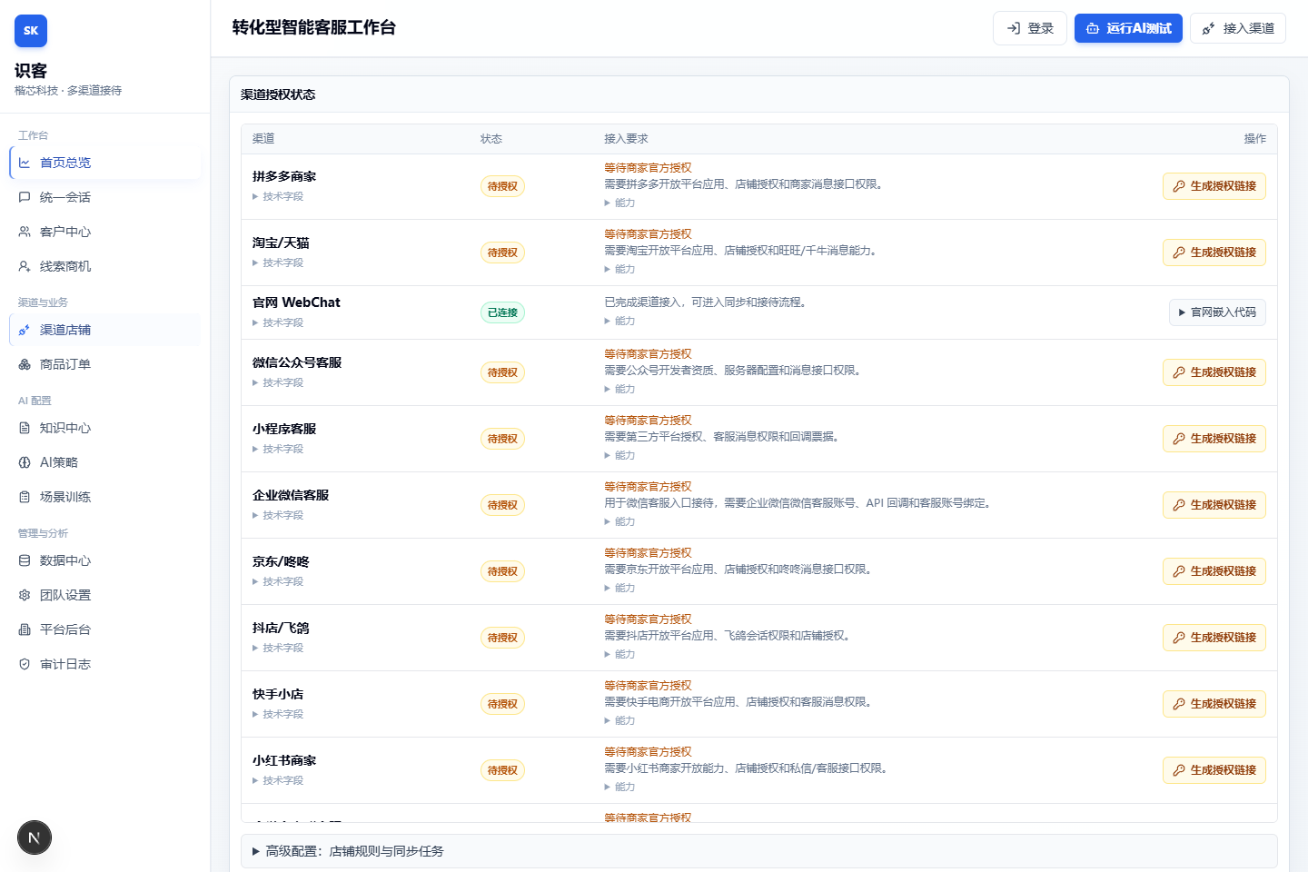 识客真实渠道管理页面,展示分类导航、渠道授权状态与接入操作